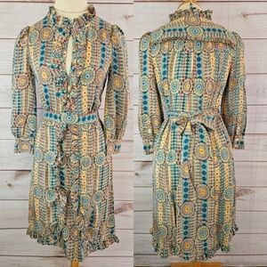 Marc Jacobs Floral and Paisley Print Ruffle Silk Dress in Cream and Green Size 6